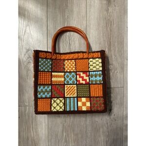 Vintage needlepoint purse tote handbag on plastic frame lucite handles 1970's‎